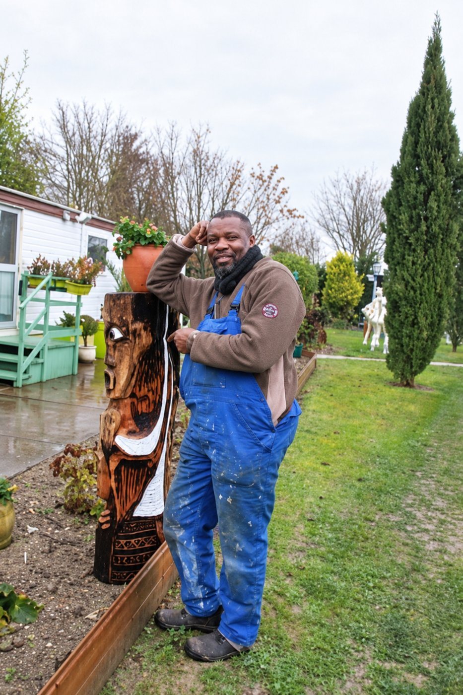 Vincenzo Follykoué en salopette, accoudé à l’un de ses totems