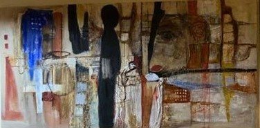 Composition aux visages sur fond ocre — Vincenzo Follykoué