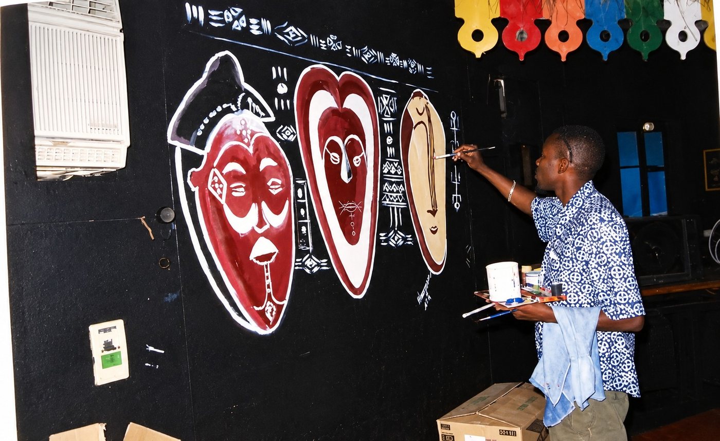 Vincenzo Follykoué peignant une fresque de masques sur un mur noir à Cap Skirring, au Sénégal